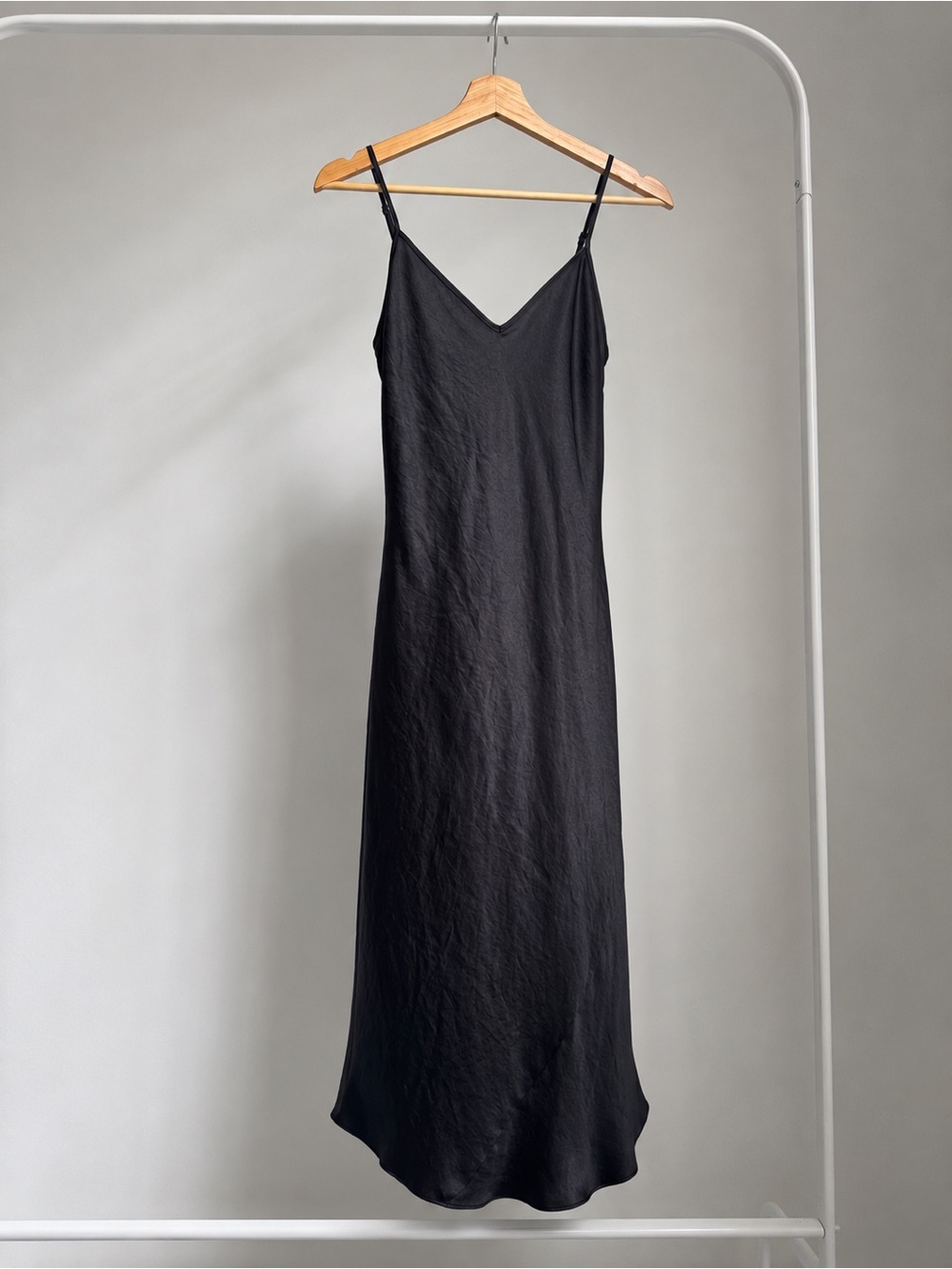 Aritzia Wilfred Satin Black Slip Midi Dress with Spaghetti Straps